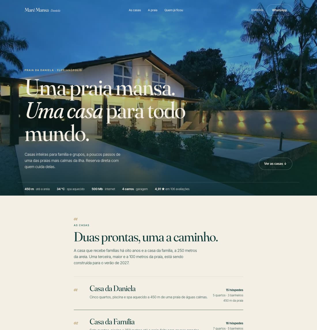 Página inicial de um site de aluguel por temporada com fotos da casa e botão de reserva