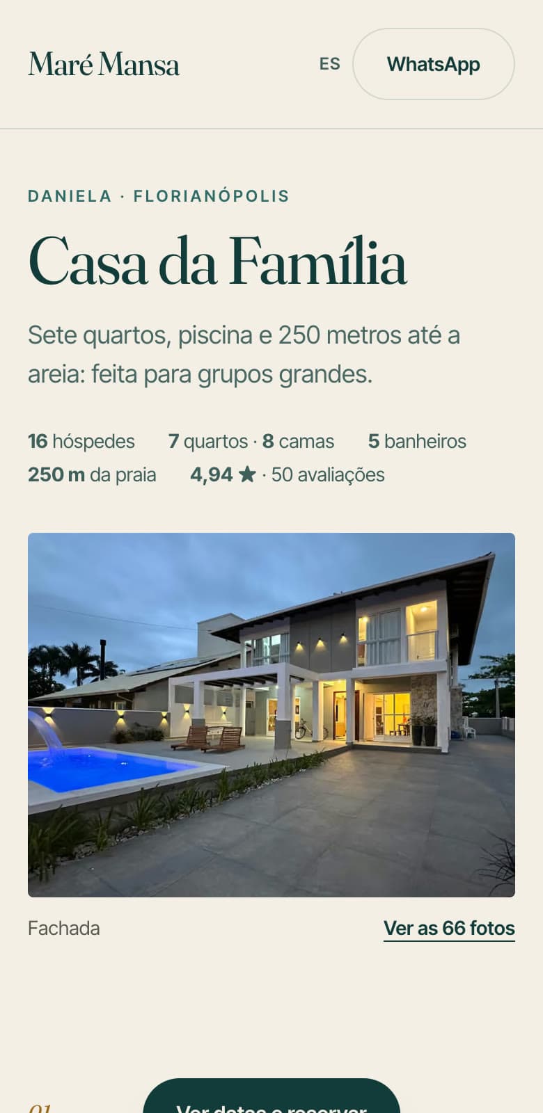 Versão para celular da página da casa